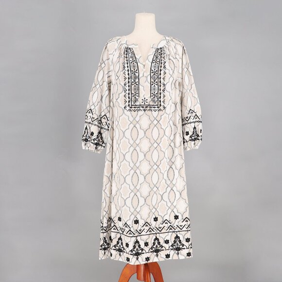 CHICO'S Poplin Embellished A-Line Midi Dress Boho Geo Print Tan Black Size 0/S - Picture 2 of 9